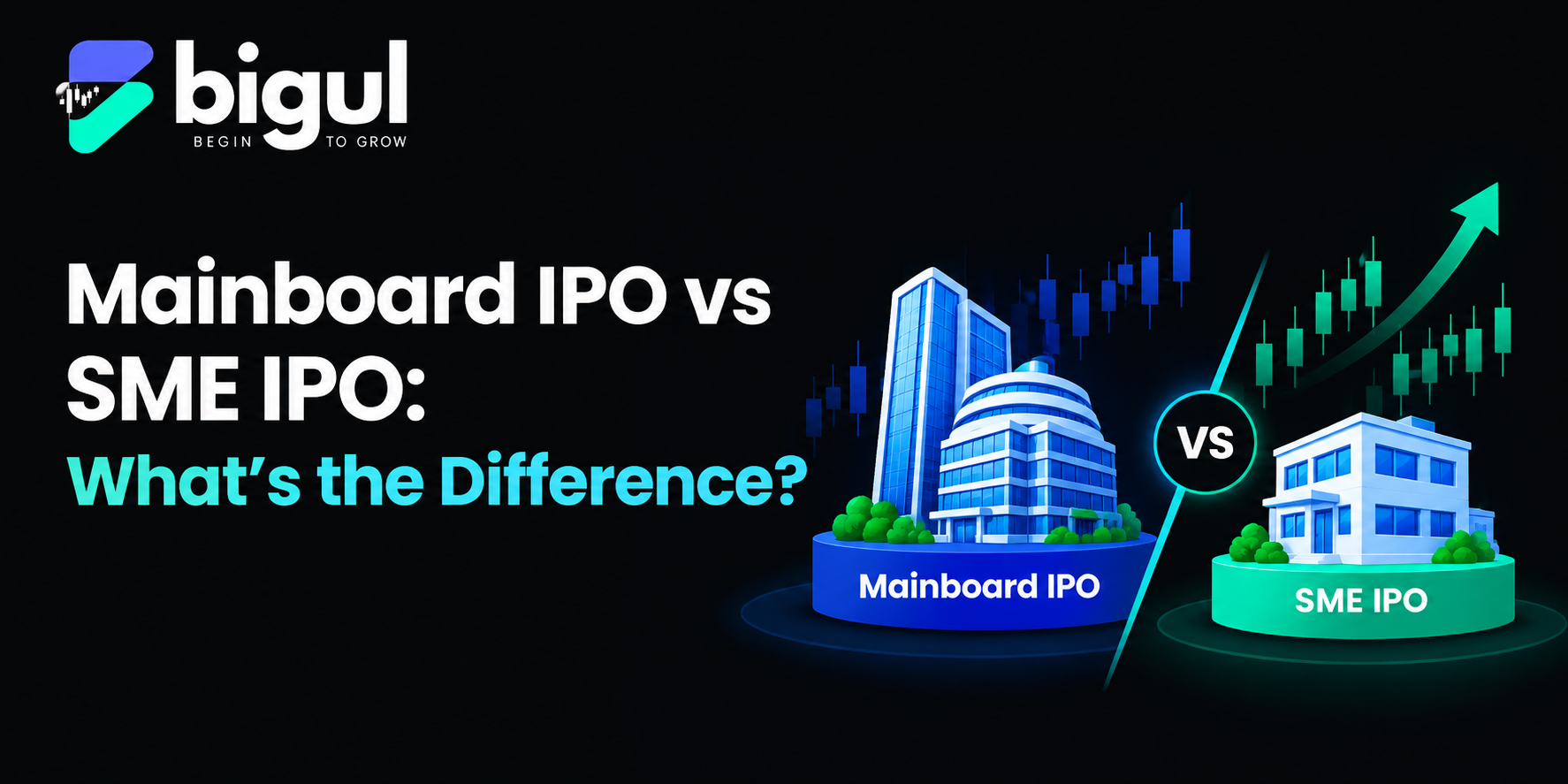 Mainboard IPO vs SME IPO comparison showing differences in investment size, eligibility, risk, liquidity, and market maker requirements.